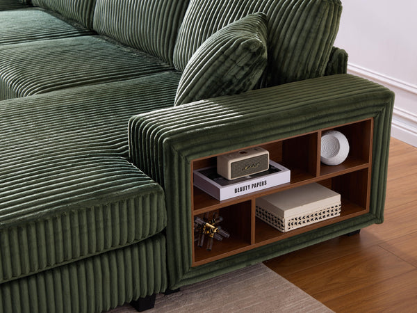 English Elm Convertible U-Shaped Sofa With Storage, Modern Corduroy Design For Spacious Living Rooms, Green W1793S00029