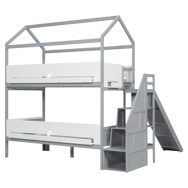 English Elm House-shaped Pine Bunk Bed with Built-in Slide Storage Staircase Twin Over Full Kids Frame Grey+White N820S00082E