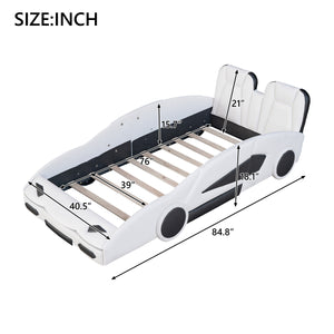 English Elm Twin Race Car-Shaped Platform Bed with Wheels — Durable Pine Wood Construction, Guardrails, 250lb Capacity White WF297945AAK