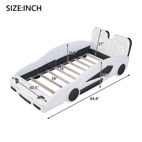 English Elm Twin Race Car-Shaped Platform Bed with Wheels — Durable Pine Wood Construction, Guardrails, 250lb Capacity White WF297945AAK