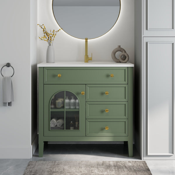 English Elm 35.6" Freestanding Bathroom Vanity with Roman Column Base and Ceramic Integrated Sink Green W1801S00010