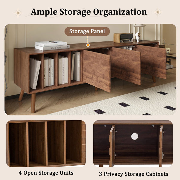 English Elm 68" Mid-century Walnut Media Console with Open Shelves and Soft-close Cabinet Storage N710P446195P