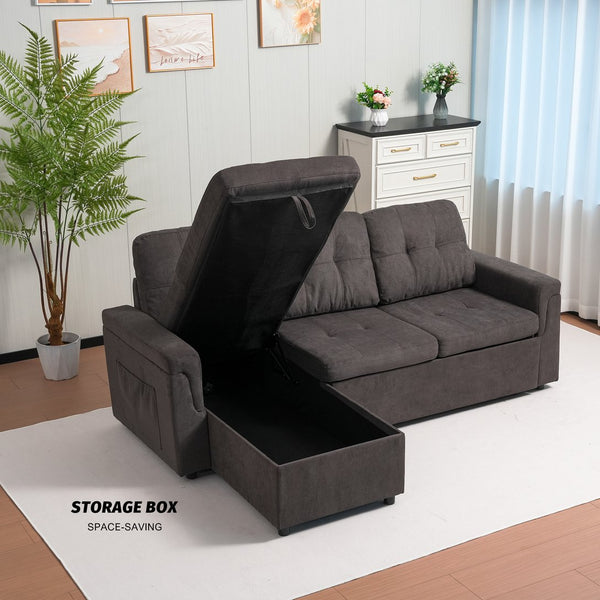 English Elm Upholstered L-Shaped Sleeper Sofa with Reversible Storage, Pull-Out Bed & Breathable Flannel Finish W3138S00001