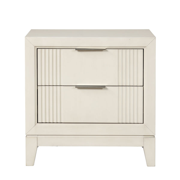 English Elm Transitional Fluted Nightstand Antique White Birch Wood Dovetail Drawers Chrome Pulls B2741P435885