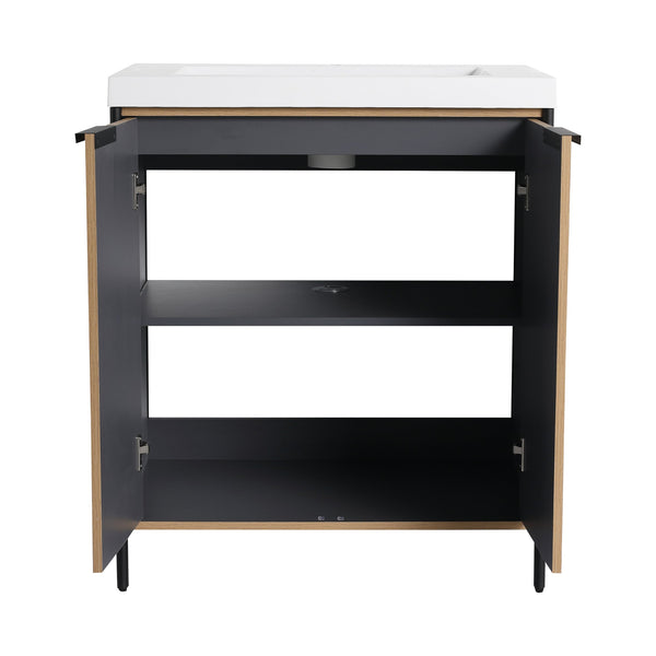 English Elm 30" Modern Freestanding Bathroom Vanity with Resin Sink, Soft-Close Doors, Adjustable Shelf, Durable Plywood Finish Light Coffee W999S00295