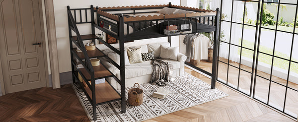 English Elm Twin Xl Metal Loft Bed with Stair Storage Shelves Sturdy Steel Frame for Dorms W1580S00379