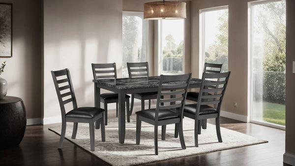 English Elm Simple Classic 7pc Dining Set with Faux Marble Top and Leatherette Chairs for Stylish Gatherings Dark Gray 64 L x 40 W x 15 H B2741P348915