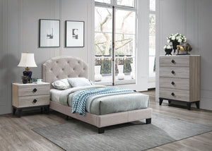 English Elm Light Gray Burlap Upholstered Twin Bed with Button Tufted Headboard and Nailhead Trim B011P415184