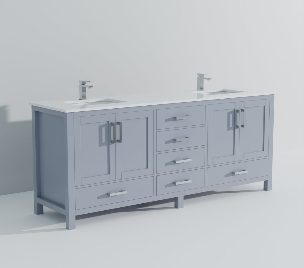 English Elm Dark Grey 84" Double Bath Vanity with White Quartz Top, 14 Drawers, Soft-Close, Chrome Faucet Set B2731P259153