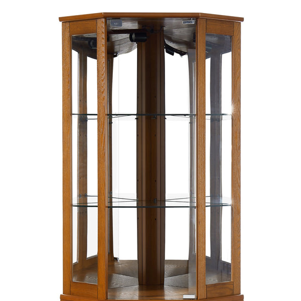 English Elm 6 Shelf Corner Curio Cabinet with Interior Lighting, Mirrored Back, Glass Shelves for Displays Oak W1693P165029