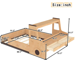 English Elm Full Size Car Shaped Kids Platform Bed with Storage Drawers Integrated Desk Pine Wood Natural W1580S00489