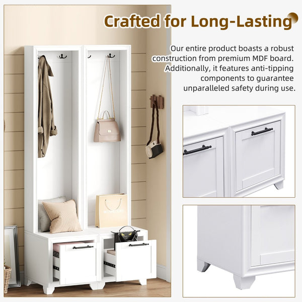 English Elm On-Trend Elegant Hall Tree Set Of 2 - 3-In-1 Entryway Coat Rack With Bench, Drawers & Hooks, White N721P249242K-GIGA