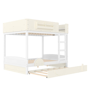English Elm Full Bunk Bed with Trundle Bookshelf Storage Pine Frame Car Design for Kids Beige+White W1580S00444
