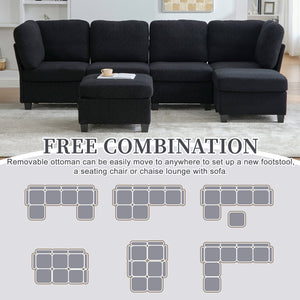 English Elm UNITED Modular 6-Seat Sectional Sofa with Removable Ottoman, Storage Compartments, Convertible Comfort Black W1568S00243