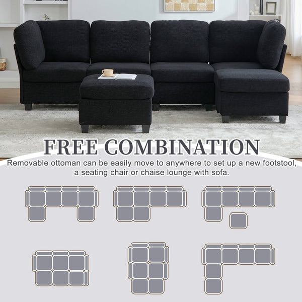 English Elm UNITED Modular 6-Seat Sectional Sofa with Removable Ottoman, Storage Compartments, Convertible Comfort Black W1568S00243