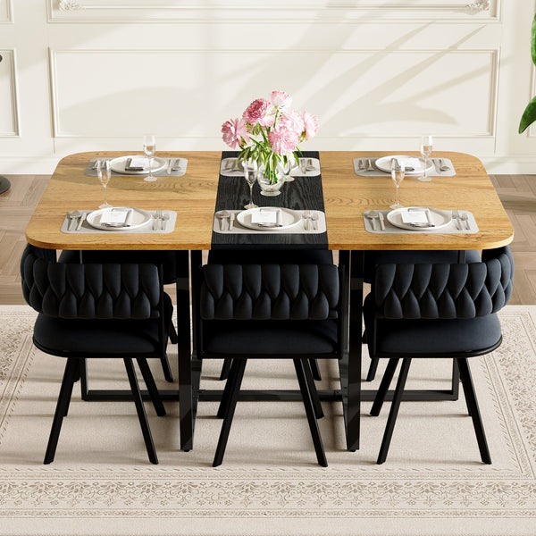 English Elm 7-piece Rectangular Dining Set Faux Marble Velvet Chairs Modern Apartment Table Black,Wood W3875S00130