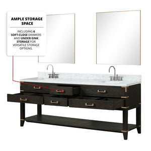 English Elm Black Oak Double Bath Vanity With Carrara Marble Top, Chrome Faucet, & 36" Mirrors For Elegant Style B2731S02205