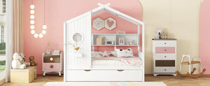 English Elm Wooden Twin House Bed with Trundle and 3 Back Shelves, Pine Frame Playful Loft Design for Kids White 41.7 L x 16.25 W x 6 H N733S316110K