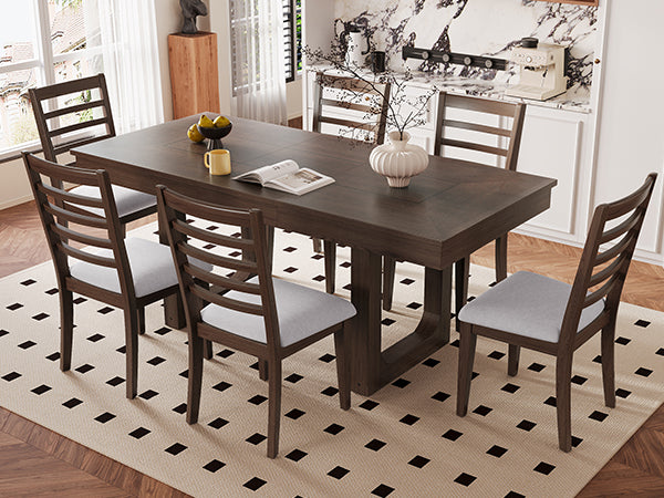 English Elm 7 Extendable Dining Table Set with 18" Leaf and 6 Upholstered Chairs — Rustic Farmhouse 60–78" Wood Veneer Table Brown N752S000090D