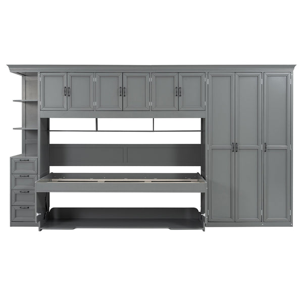 English Elm Twin Murphy Wall Bed with Integrated Desk Wardrobe and Storage Cabinet in White LP000767AAE