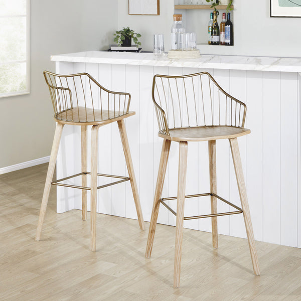 English Elm Fixed-height Farmhouse Barstool Whitewashed Spindle Back Antique Copper Frame Indoor B202P471174