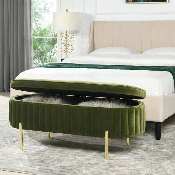 English Elm Jennifer Taylor Home - Chloe Olive Green Storage Bench in Performance Velvet with Flip-Top Compartment and Satin Gold Legs B2719P238527
