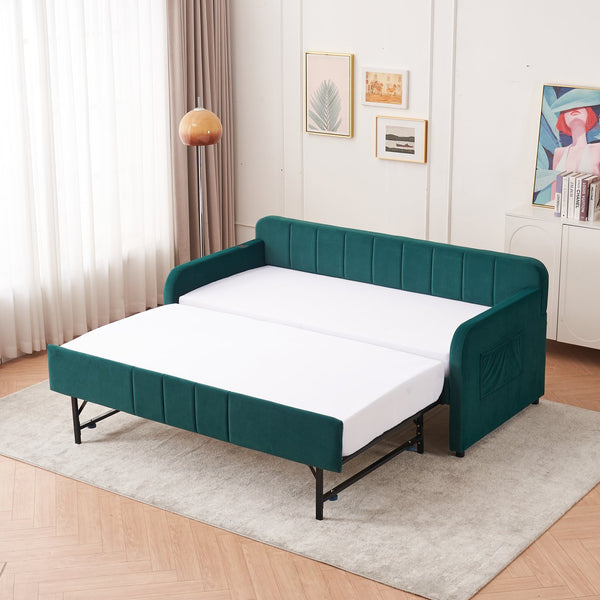 English Elm Twin Upholstered Daybed with Trundle Sofa Bed for Guest Room, Pine Wood Frame, Velvet Upholstery, Sturdy Slat Support and Full-Length Comfort Emerald W1361S00024