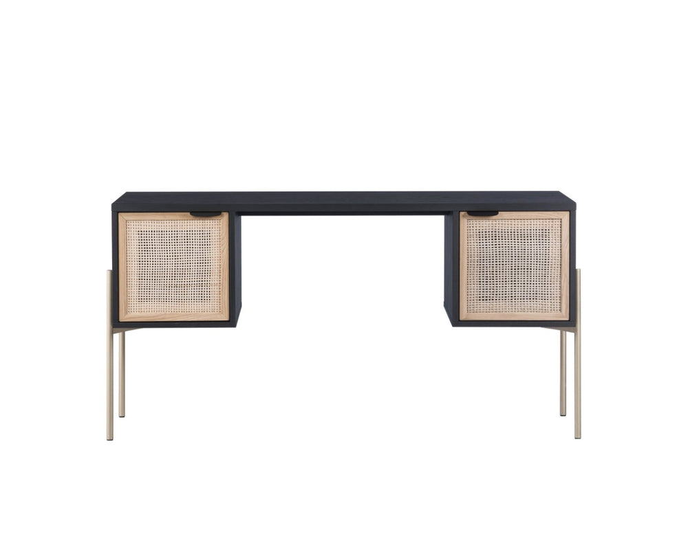 Sunpan AVIDA Desk - Premium Black Oak & Natural Rattan with Polished Gold Legs for Modern Workspaces 106838