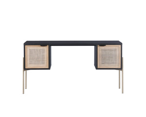 Sunpan AVIDA Desk - Premium Black Oak & Natural Rattan with Polished Gold Legs for Modern Workspaces 106838