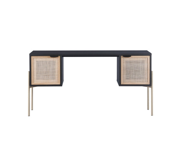 Sunpan AVIDA Desk - Premium Black Oak & Natural Rattan with Polished Gold Legs for Modern Workspaces 106838