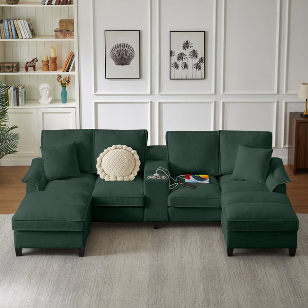 English Elm 120" Modular Corduroy Sectional Sofa Bed with Storage, U-Shaped 4-Seater, Cup Holders & Console Green W1359S00011