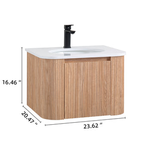 English Elm Arcora 24 Inch Curved Wall-Mount Bathroom Vanity with Integrated Cultured Marble Sink, Soft-Close Drawer, Natural Wood Texture W3235P336171