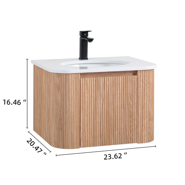 English Elm Arcora 24 Inch Curved Wall-Mount Bathroom Vanity with Integrated Cultured Marble Sink, Soft-Close Drawer, Natural Wood Texture W3235P336171