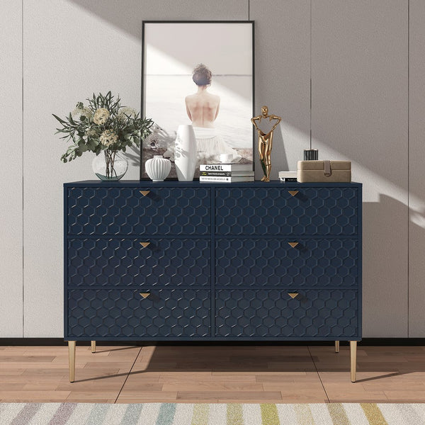 English Elm 6-drawer Honeycomb Veneer Chest with Gold Legs Geometric Bedroom Storage Cabinet T3609P482835