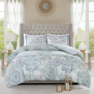 English Elm Full/Queen Isla 3-Piece Cotton Reversible Duvet Cover Set – OEKO-TEX Botanical Floral Medallion Design, Button Closure, Corner Ties B035129161