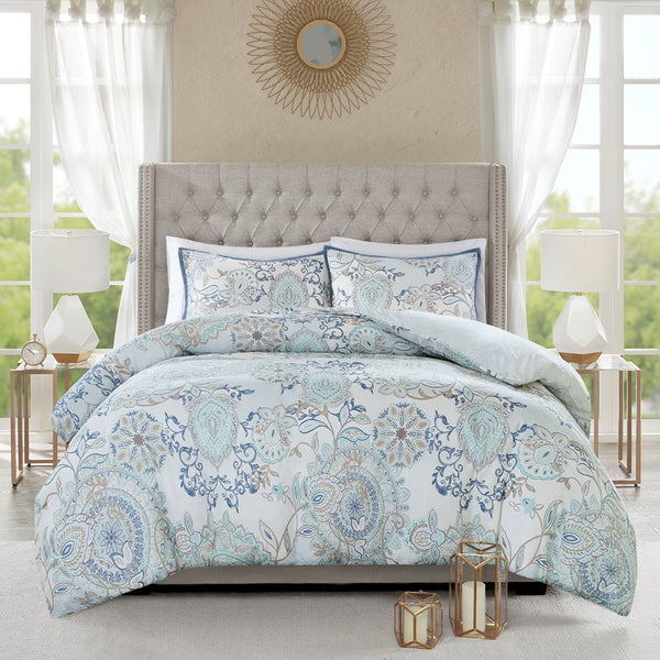 English Elm Full/Queen Isla 3-Piece Cotton Reversible Duvet Cover Set – OEKO-TEX Botanical Floral Medallion Design, Button Closure, Corner Ties B035129161