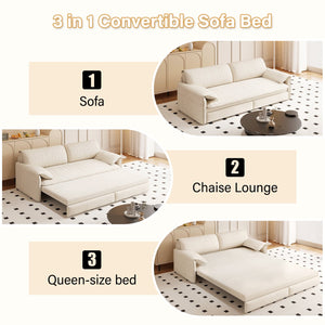 English Elm 66" Queen Sleeper Loveseat Velvet Convertible Sofa with Built-in Side Storage for Living Room Beige+White W1885S00322