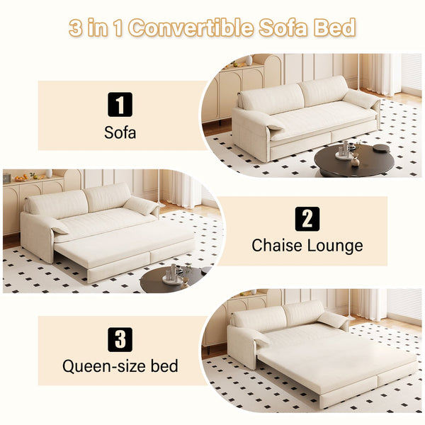 English Elm 66" Queen Sleeper Loveseat Velvet Convertible Sofa with Built-in Side Storage for Living Room Beige+White W1885S00322
