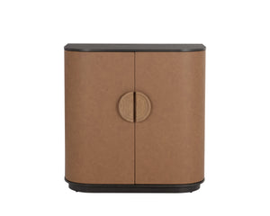 Sunpan Dresden Bar Cabinet - Mid-Century Elegance with Smoke Grey Oak, Faux Leather Doors & Wine Storage