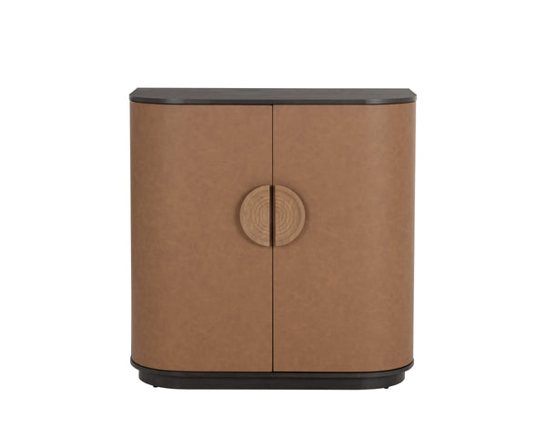 Sunpan Dresden Bar Cabinet - Mid-Century Elegance with Smoke Grey Oak, Faux Leather Doors & Wine Storage