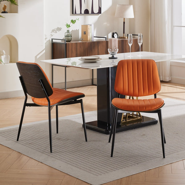 English Elm A&A Mid Century Modern Dining Chairs Set Of 2, Ergonomic Orange Pu Upholstered With Walnut Accents W1143P191788