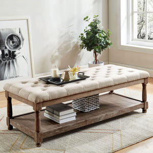 English Elm Rustic Bench with Button-Tufted Cushion, Spacious Open Lower Shelf for Storage and Entryway Use Beige 57 L x 25 W x 9 H B2741P345173