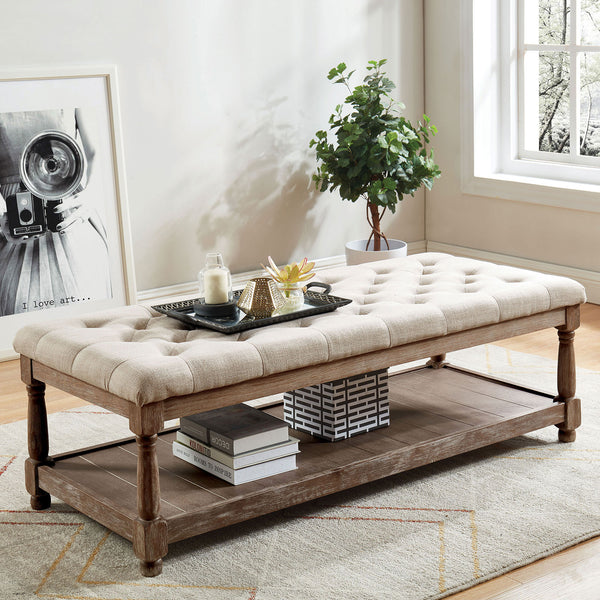 English Elm Rustic Bench with Button-Tufted Cushion, Spacious Open Lower Shelf for Storage and Entryway Use Beige 57 L x 25 W x 9 H B2741P345173