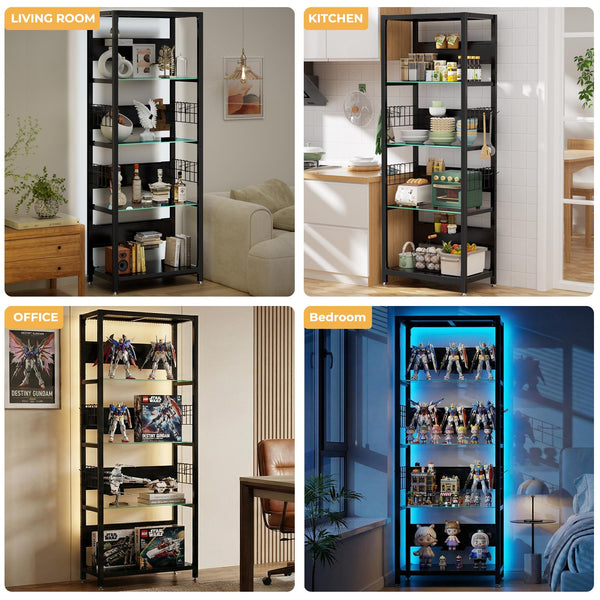 English Elm 4-tier Tempered Glass Steel Frame Display Shelf with Rgb Led Lighting for Collectibles W3190P371784