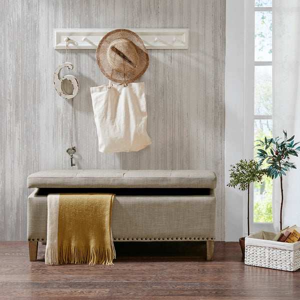 JLA Home Madison Park - Tufted Grey Linen-Style Storage Bench with Soft-Close Lift Top, Black Legs, Tufted Seat for Entryway FUR105-0042