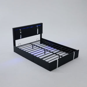 English Elm Queen Platform Bed Wingback Diamond Quilted Headboard Led Lighting Storage Drawers Black W5722P462695