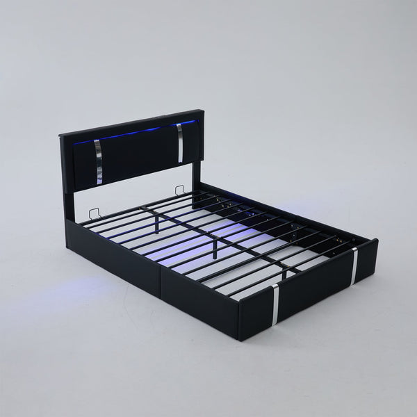 English Elm Queen Platform Bed Wingback Diamond Quilted Headboard Led Lighting Storage Drawers Black W5722P462695
