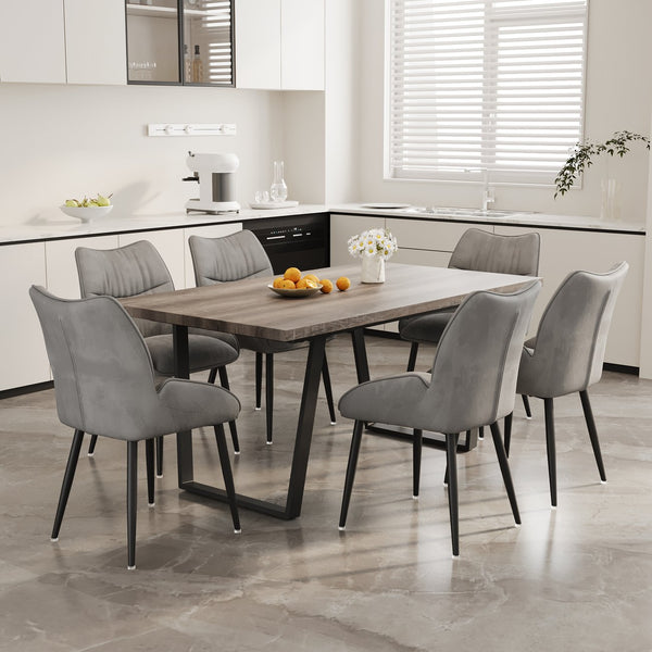English Elm 62.9-Inch Walnut Dining Set With 6 Plush Velvet Chairs - Modern, Durable, Easy To Assemble, Seats 4-6 W1727S00083