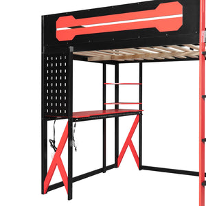 English Elm Full Size Loft Bed with Rgb Lighting Chevron Desk Usb Charging Ports and Storage Shelves Black+Red LT000286AAR