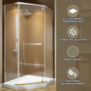 English Elm Corner Frameless Neo-angle Pivot Shower Enclosure with Tempered Glass and Sleek Hardware Chrome W637P348803